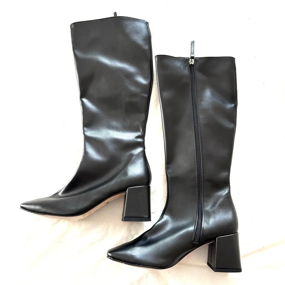 NWT SVEGAN Black Chalk Vegan Leather Heeled Knee High Boots SZ 5.5 - Picture 2 of 14